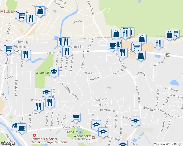 map of restaurants, bars, coffee shops, grocery stores, and more near 83 Hayes Street in Woonsocket