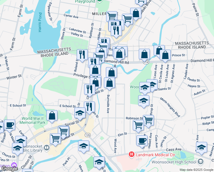 map of restaurants, bars, coffee shops, grocery stores, and more near 84 Mill Street in Woonsocket