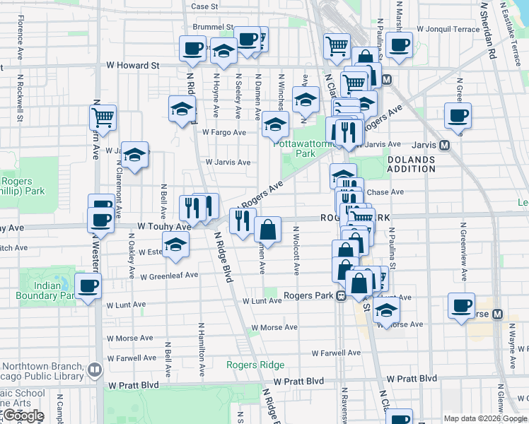 map of restaurants, bars, coffee shops, grocery stores, and more near 1933 West Chase Avenue in Chicago