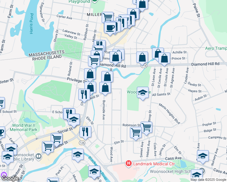 map of restaurants, bars, coffee shops, grocery stores, and more near 585 Wood Avenue in Woonsocket