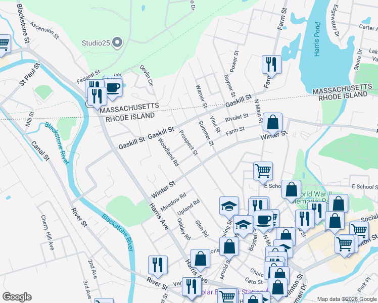 map of restaurants, bars, coffee shops, grocery stores, and more near 487 Prospect Street in Woonsocket