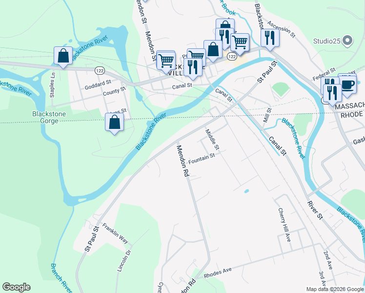 map of restaurants, bars, coffee shops, grocery stores, and more near 105 Saint Paul Street in North Smithfield