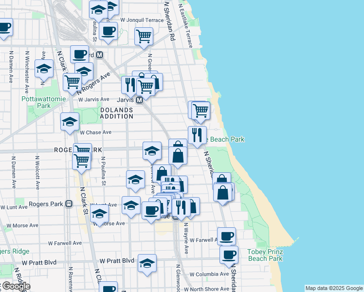 map of restaurants, bars, coffee shops, grocery stores, and more near 1349 West Chase Avenue in Chicago