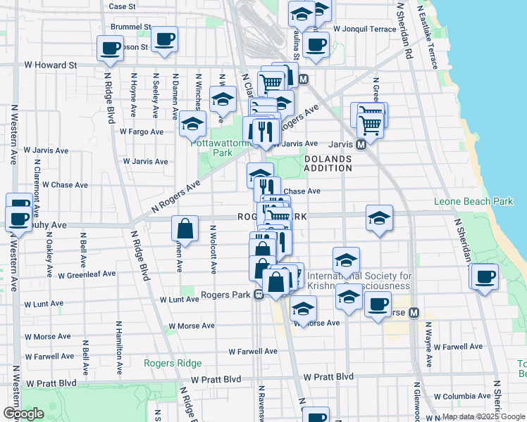 map of restaurants, bars, coffee shops, grocery stores, and more near 7220 North Clark Street in Chicago