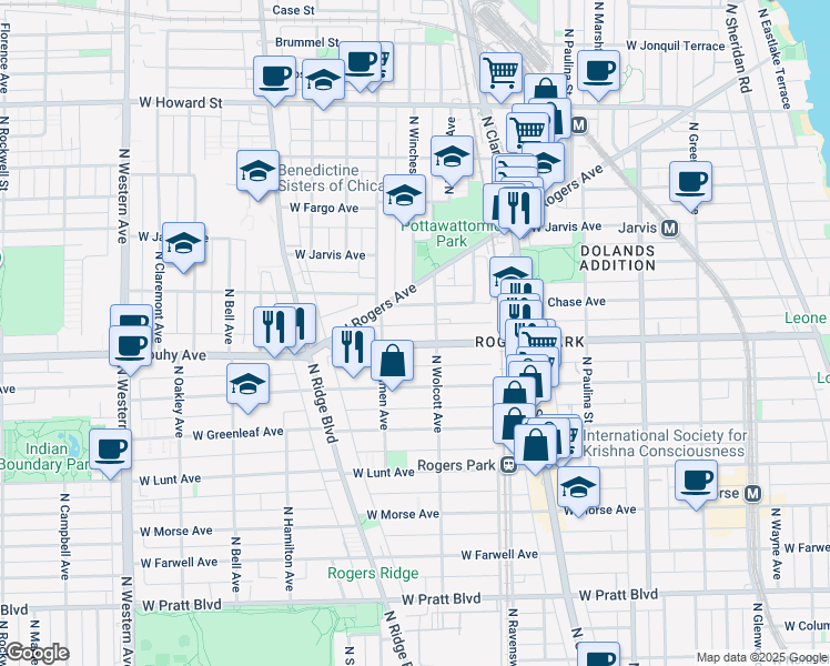 map of restaurants, bars, coffee shops, grocery stores, and more near 1933 West Chase Avenue in Chicago