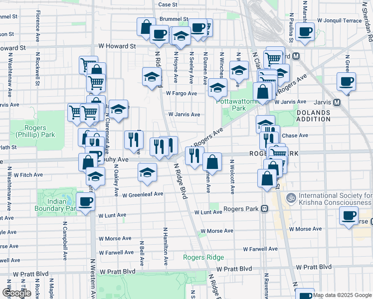 map of restaurants, bars, coffee shops, grocery stores, and more near 2057 West Chase Avenue in Chicago