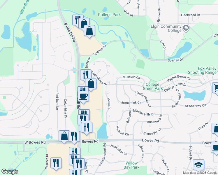 map of restaurants, bars, coffee shops, grocery stores, and more near 2094 Constitution Court in Elgin