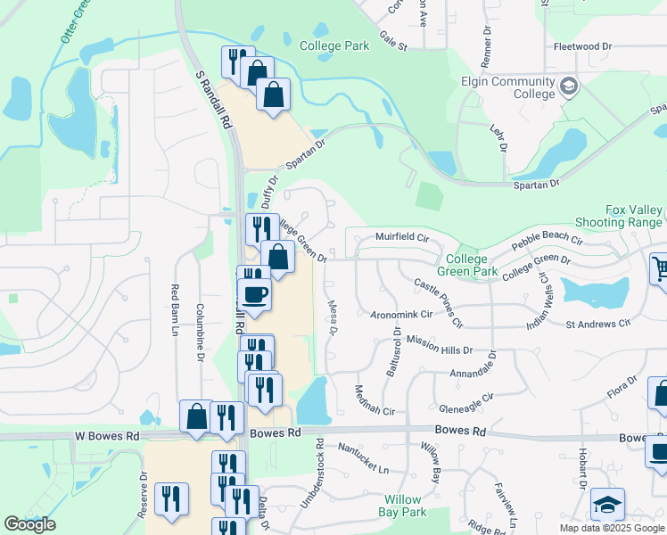 map of restaurants, bars, coffee shops, grocery stores, and more near 2094 Constitution Court in Elgin