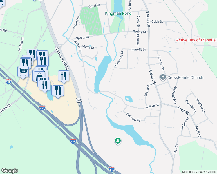 map of restaurants, bars, coffee shops, grocery stores, and more near 50 Riverside Drive in Mansfield