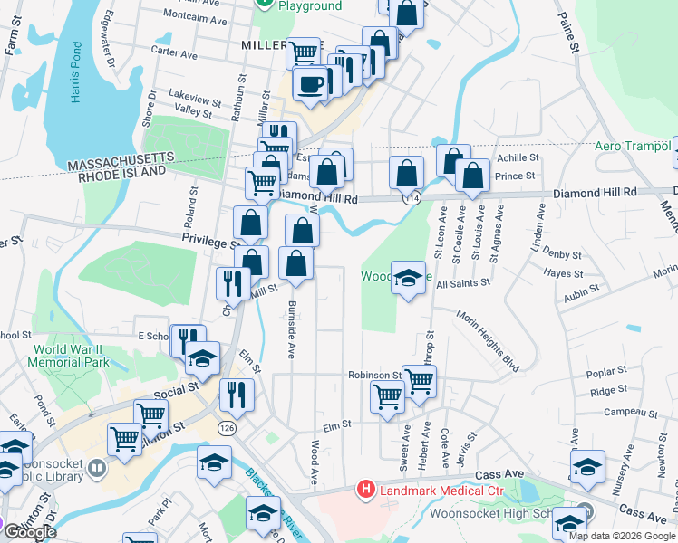 map of restaurants, bars, coffee shops, grocery stores, and more near 540 Dulude Avenue in Woonsocket