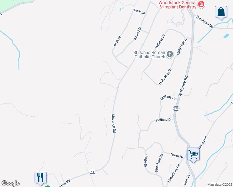 map of restaurants, bars, coffee shops, grocery stores, and more near Maverick Road in Woodstock