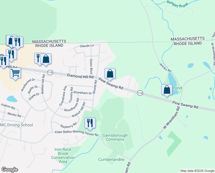 map of restaurants, bars, coffee shops, grocery stores, and more near 57 Pine Swamp Road in Cumberland