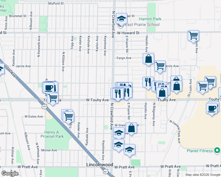 map of restaurants, bars, coffee shops, grocery stores, and more near 4001 Chase Avenue in Lincolnwood