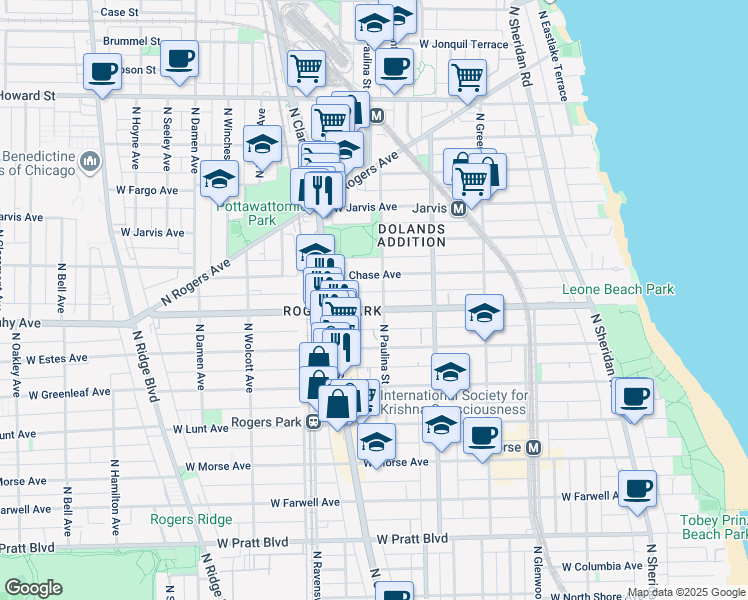 map of restaurants, bars, coffee shops, grocery stores, and more near 1708 West Touhy Avenue in Chicago