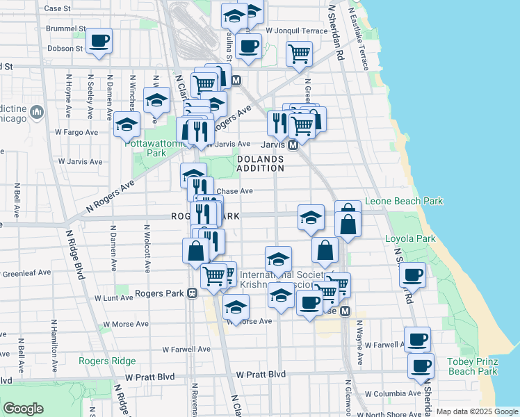 map of restaurants, bars, coffee shops, grocery stores, and more near 1601 West Chase Avenue in Chicago