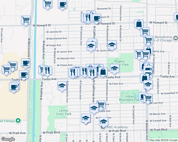 map of restaurants, bars, coffee shops, grocery stores, and more near 2819 West Chase Avenue in Chicago