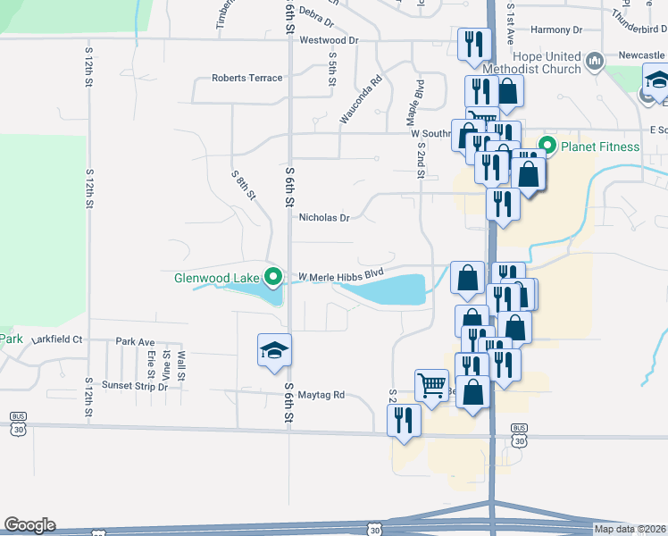 map of restaurants, bars, coffee shops, grocery stores, and more near 400-598 Terry Terrace in Marshalltown