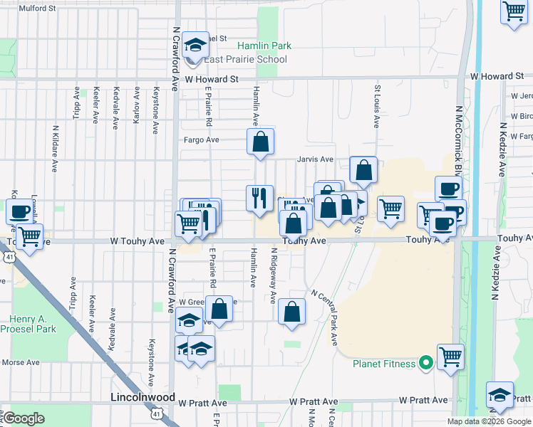 map of restaurants, bars, coffee shops, grocery stores, and more near 3755 West Chase Avenue in Skokie