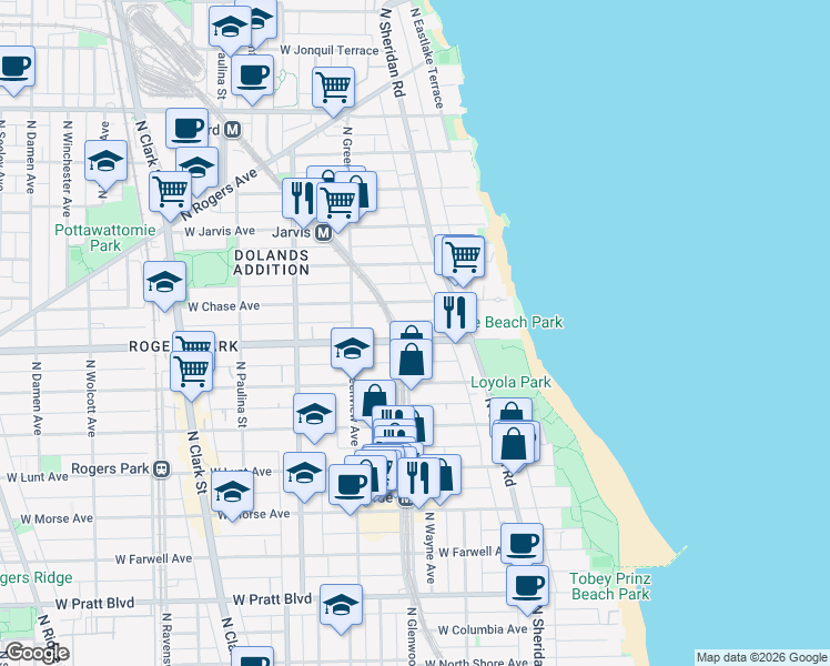 map of restaurants, bars, coffee shops, grocery stores, and more near 1352 West Touhy Avenue in Chicago