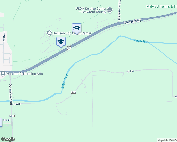 map of restaurants, bars, coffee shops, grocery stores, and more near 2828 O Avenue in Denison