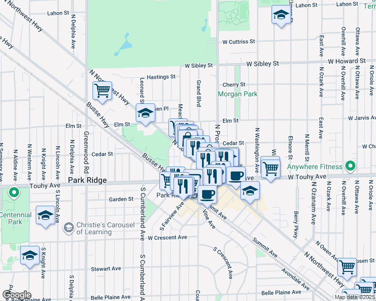 map of restaurants, bars, coffee shops, grocery stores, and more near 630 Cedar Street in Park Ridge