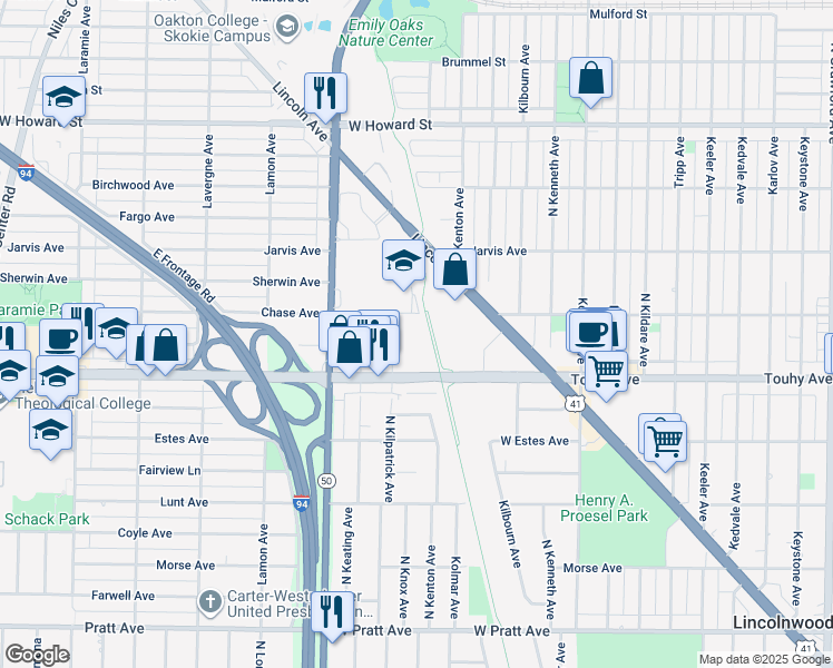 map of restaurants, bars, coffee shops, grocery stores, and more near 4655 West Chase Avenue in Lincolnwood