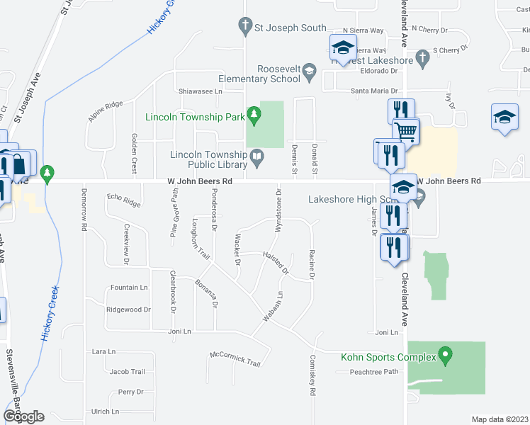 map of restaurants, bars, coffee shops, grocery stores, and more near 5794 Wacker Drive in Stevensville