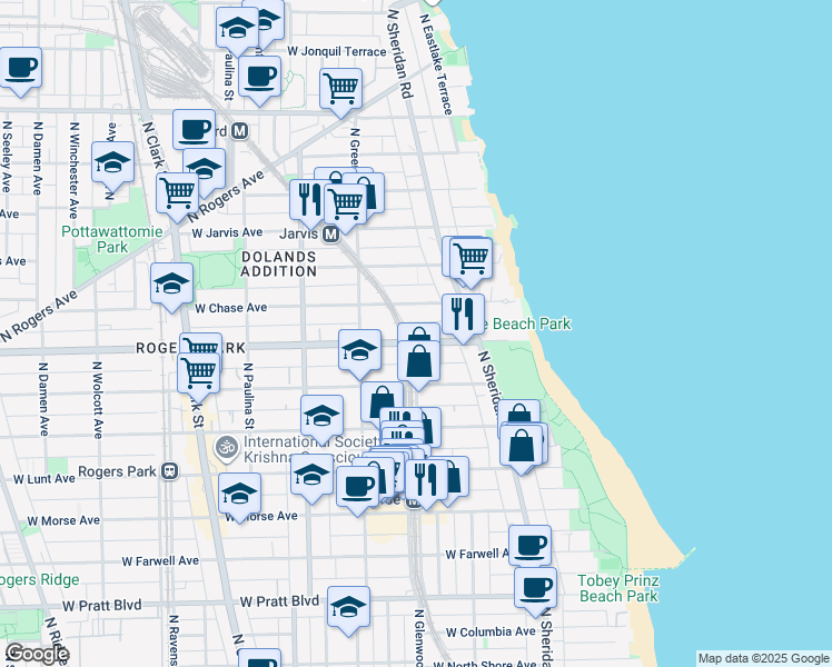 map of restaurants, bars, coffee shops, grocery stores, and more near 1349 West Chase Avenue in Chicago