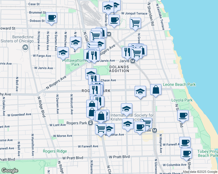 map of restaurants, bars, coffee shops, grocery stores, and more near 7210 North Paulina Street in Chicago