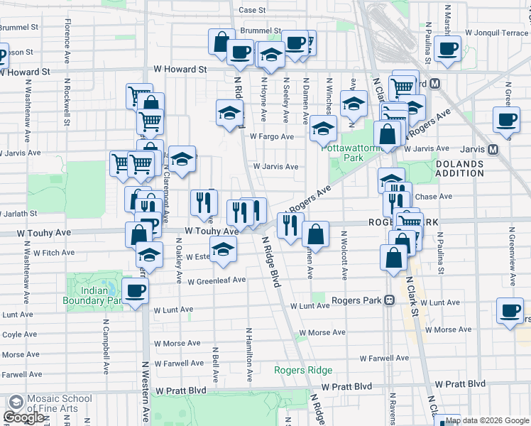 map of restaurants, bars, coffee shops, grocery stores, and more near 2057 West Chase Avenue in Chicago