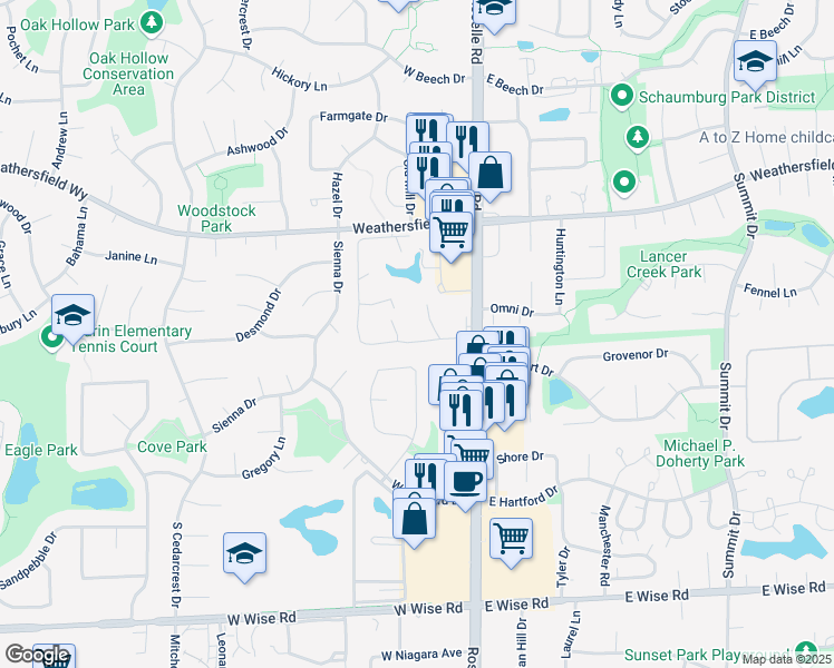 map of restaurants, bars, coffee shops, grocery stores, and more near 719 Killarney Court in Schaumburg