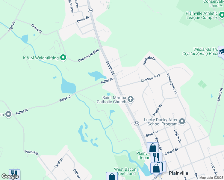 map of restaurants, bars, coffee shops, grocery stores, and more near 6 Fuller Street in Plainville