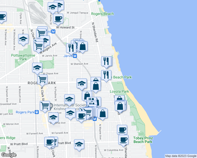 map of restaurants, bars, coffee shops, grocery stores, and more near 1349 West Chase Avenue in Chicago