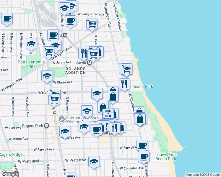 map of restaurants, bars, coffee shops, grocery stores, and more near 1349 West Chase Avenue in Chicago