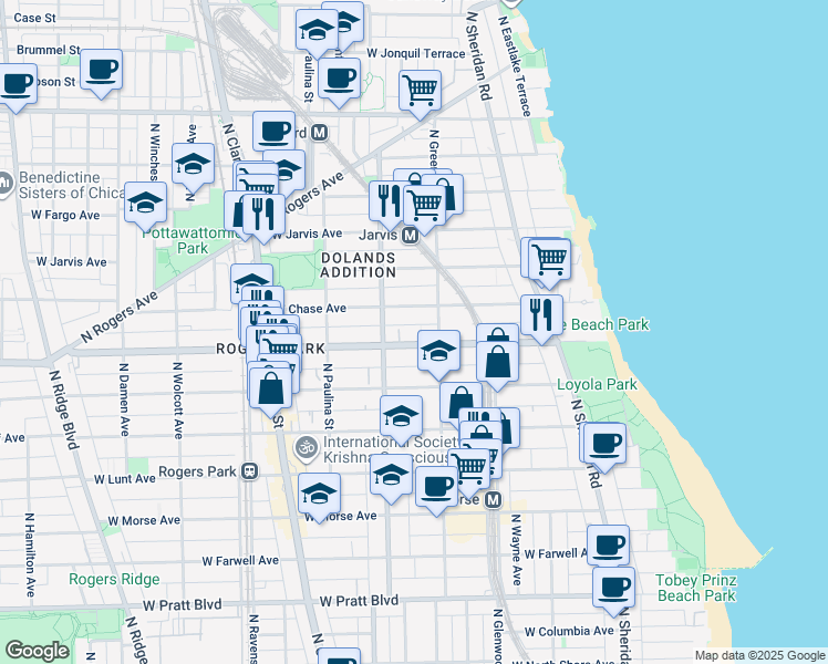 map of restaurants, bars, coffee shops, grocery stores, and more near 1521 West Chase Avenue in Chicago