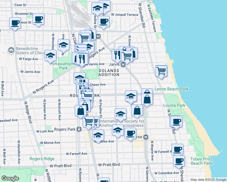 map of restaurants, bars, coffee shops, grocery stores, and more near 1601 West Chase Avenue in Chicago