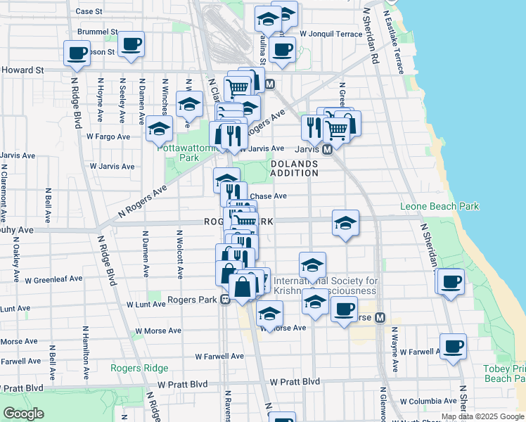 map of restaurants, bars, coffee shops, grocery stores, and more near 1727 West Chase Avenue in Chicago
