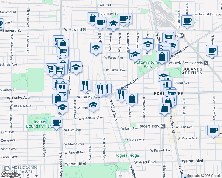 map of restaurants, bars, coffee shops, grocery stores, and more near 2057 West Chase Avenue in Chicago