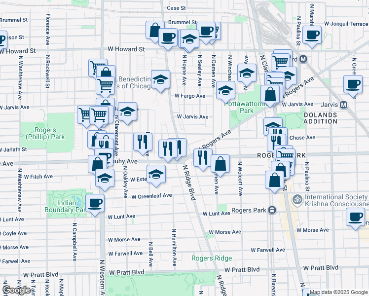 map of restaurants, bars, coffee shops, grocery stores, and more near 2057 West Chase Avenue in Chicago