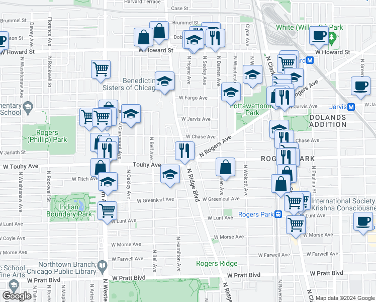 map of restaurants, bars, coffee shops, grocery stores, and more near 2057 West Chase Avenue in Chicago