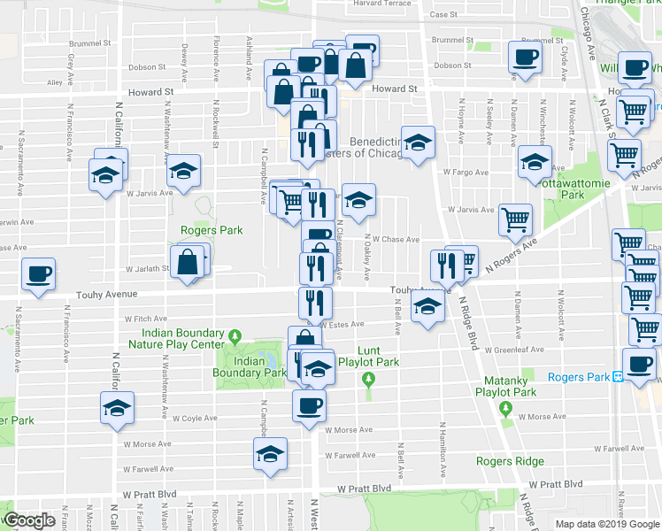 map of restaurants, bars, coffee shops, grocery stores, and more near 7243 North Western Avenue in Chicago