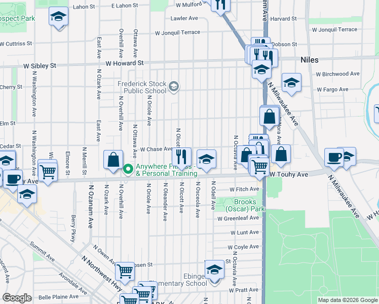 map of restaurants, bars, coffee shops, grocery stores, and more near 7300 North Osceola Avenue in Chicago
