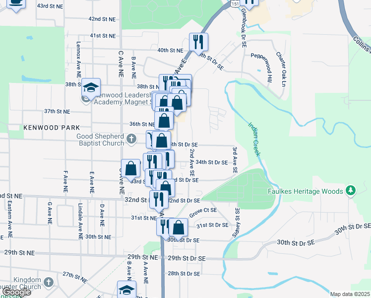 map of restaurants, bars, coffee shops, grocery stores, and more near 3507 Elm Avenue Southeast in Cedar Rapids