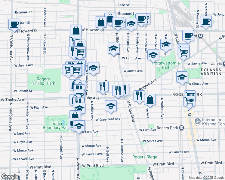 map of restaurants, bars, coffee shops, grocery stores, and more near 2143 West Chase Avenue in Chicago