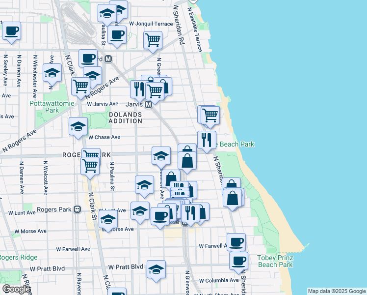 map of restaurants, bars, coffee shops, grocery stores, and more near 1349 West Chase Avenue in Chicago