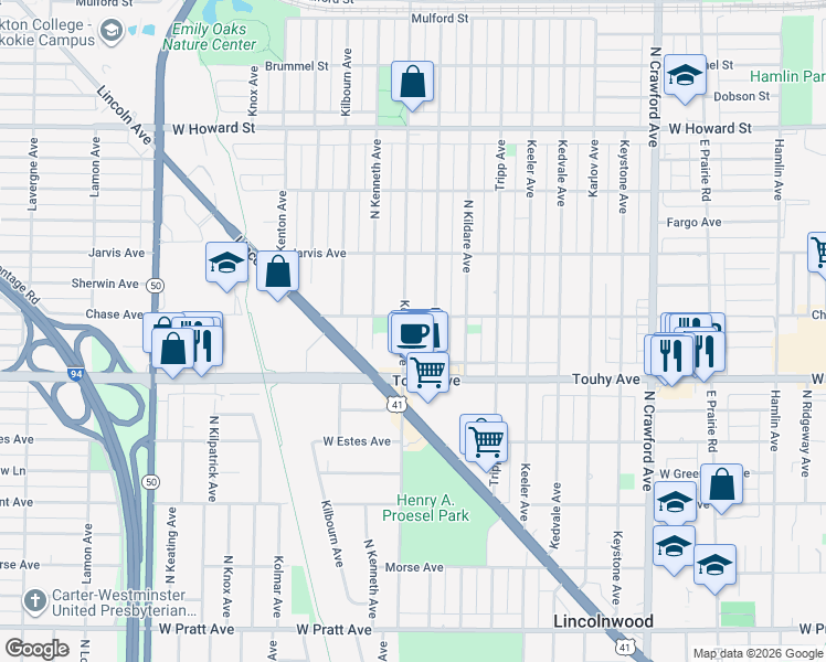 map of restaurants, bars, coffee shops, grocery stores, and more near 4375 West Chase Avenue in Lincolnwood