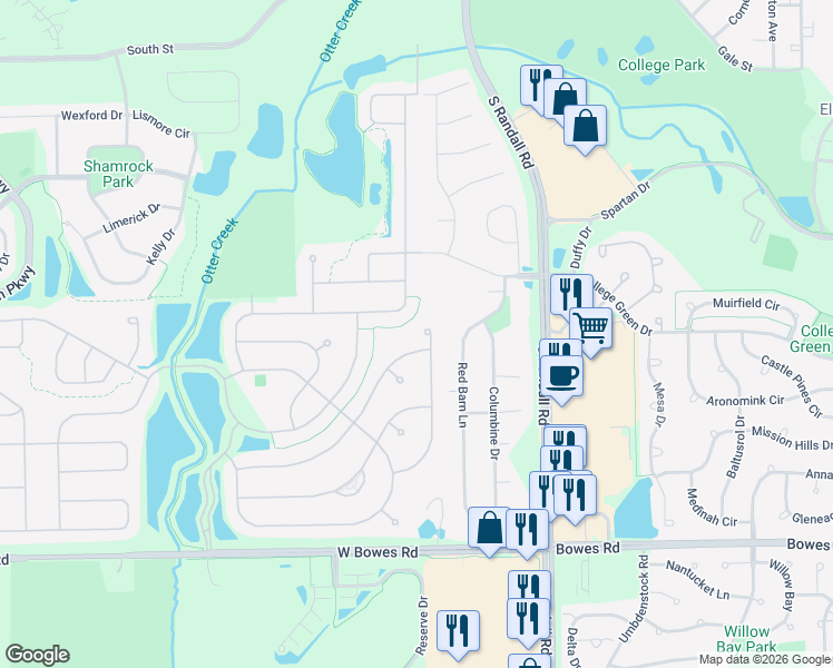 map of restaurants, bars, coffee shops, grocery stores, and more near 698 Tahoe Trail in Elgin