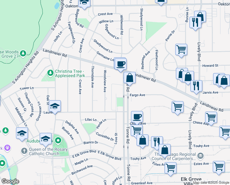 map of restaurants, bars, coffee shops, grocery stores, and more near 480 Eagle Drive in Elk Grove Village