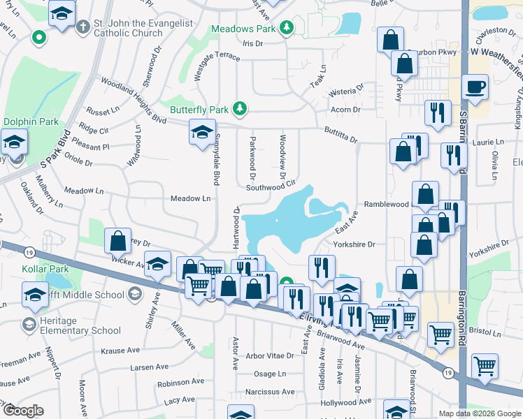 map of restaurants, bars, coffee shops, grocery stores, and more near 907 Hartwood Drive in Streamwood