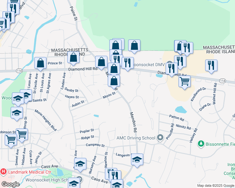 map of restaurants, bars, coffee shops, grocery stores, and more near 411 Mendon Road in Woonsocket